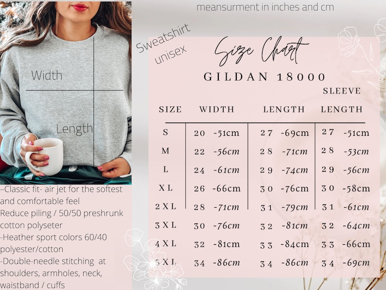 以下が含まれることがあります： Gildan 18000 ユニセックス スウェットシャツのサイズチャート。S から 5XL までのサイズに対応し、インチとセンチメートルで測定されています。チャートには、幅、長さ、袖丈が含まれています。