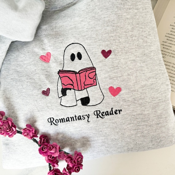 Romtantasy Reader Embroidered Sweatshirt,  Bookworm Sweatshirt,  Romance Reader Hoodie, Cute Reading Ghost, Gift For Book Lover