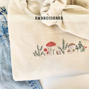 Embroidered Mushroom Sweatshirt, Wildflowers Embroidered, Botany Embroidered Hoodie, CottageCore Embroidery Sweater, Embroidered Mushroom