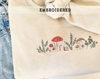 Embroidered Mushroom Sweatshirt, Wildflowers Embroidered, Botany Embroidered Hoodie, CottageCore Embroidery Sweater, Embroidered Mushroom