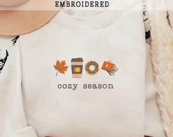 Moletom bordado aconchegante para a estação, moda outono feminina, camisa fofa de outono, moletom com capuz com ícones de outono, presente perfeito para meninas que amam o outono