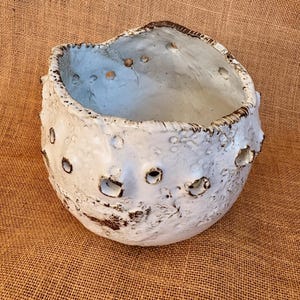 May include: A white ceramic bowl with a textured surface and irregular holes. The rim has a dark brown trim. The bowl's interior is a light blue colour. The bowl is a unique decorative piece.