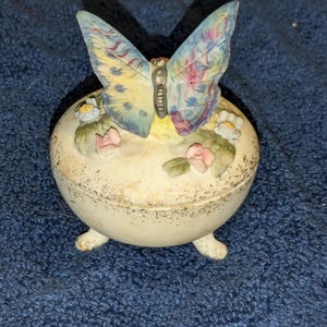 Vintage Lefton Porcelain Butterfly Trinket Box KW2771, Blue