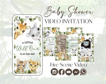 May include: A baby shower video invitation design featuring watercolor illustrations of jungle animals. The design includes a smartphone mockup with the text "A Little Will One Is On The Way!" and additional invitation scenes.
