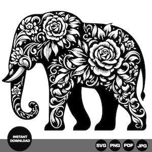 Może przedstawiać: Czarno-biała sylwetka słonia z kwiatowymi i kręconymi detalami. Ciało słonia wypełnione jest różami i liśćmi. Obraz zawiera tekst "INSTANT DOWNLOAD" w czarnym okręgu oraz ikony typów plików.