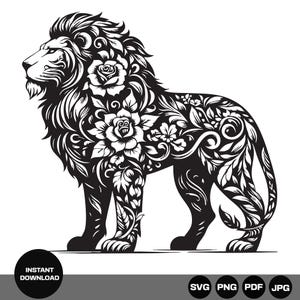 Lions Floral SVG, Lion Clipart, King Lion Silhouette Svg, Roaring Lion Head Svg, digital download svg png pdf jpg
