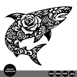 Floral Shark Svg, Big Fish Vector Silhouette Image for T-Shirt Design, Black and white SVG, PNG, PDF, Jpg