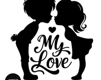 Romantic Kids Silhouette, Cute Kissing Kids Clipart, Sweet Love svg, Child Couple Silhouette with Heart, Printable Valentine Decor