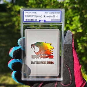 Puede incluir: Una pegatina de Counter-Strike 2 de grado menta, con el diseño iBUYPOWER (Holo) de Katowice 2014. La pegatina tiene un logotipo colorido con el texto "iBUYPOWER" y "KATOWICE 2014". La pegatina está dentro de un soporte protector.