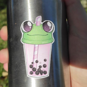 Boba Frog Sticker Glitter, Cute Frog Stickers, Kawaii Frog Stickers, Frog Vinyl Stickers, Cool Frog Sticker, Frog Laptop Sticker, Frog Decal