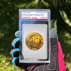 Puede incluir: Una pegatina de grado superior para Counter-Strike 2, con "DickStacy (Gold) | Katowice 2019". La pegatina est&aacute; encerrada en una funda protectora transparente. La pegatina tiene un dise&ntilde;o circular dorado con la palabra "DICK" y el logotipo de ESL.