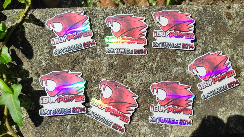 May include: Seven holographic stickers with a red and black design of a snarling beast with the text "iBUYPOWER KATOWICE 2014".