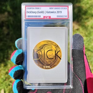 Puede incluir: Una pegatina de grado menta para Counter-Strike 2, con "DickStacy (Gold) | Katowice 2019". La pegatina est&aacute; dentro de un soporte protector transparente. La pegatina tiene un emblema dorado con la palabra "DICK" y el logotipo de ESL.