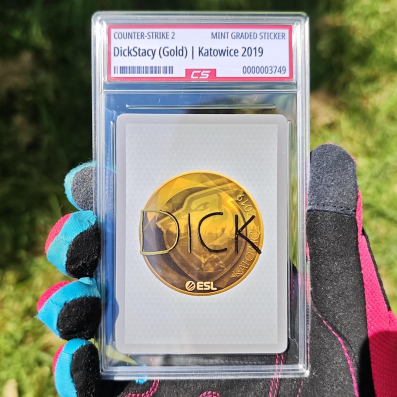 Puede incluir: Una pegatina de grado menta para Counter-Strike 2, con "DickStacy (Gold) | Katowice 2019". La pegatina est&aacute; dentro de un soporte protector transparente. La pegatina tiene un emblema dorado con la palabra "DICK" y el logotipo de ESL.