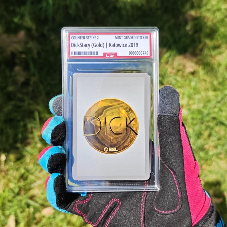 Puede incluir: Una pegatina de Counter-Strike 2 de grado superior con "DickStacy (Gold) | Katowice 2019". La pegatina est&aacute; dentro de un soporte protector transparente. Tiene un dise&ntilde;o dorado y blanco con la palabra "DICK" en un lugar destacado.