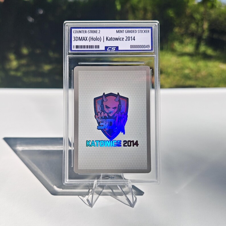 Pu&ograve; includere: Un adesivo di Counter-Strike 2 di grado menta, con un design 3DMAX (Holo) di Katowice 2014. L'adesivo &egrave; racchiuso in un supporto protettivo trasparente, con il testo "KATOWICE 2014" visibile. L'adesivo &egrave; esposto su un supporto trasparente.