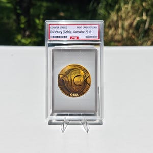 Puede incluir: Una pegatina de grado menta para Counter-Strike 2, con un dise&ntilde;o dorado de DickStacy de Katowice 2019. La pegatina est&aacute; dentro de un soporte protector transparente, con el n&uacute;mero de serie 0000003749 visible.