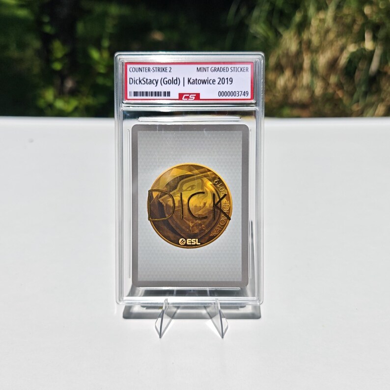 Puede incluir: Una pegatina de grado menta para Counter-Strike 2, con un dise&ntilde;o dorado de DickStacy de Katowice 2019. La pegatina est&aacute; dentro de un soporte protector transparente, con el n&uacute;mero de serie 0000003749 visible.