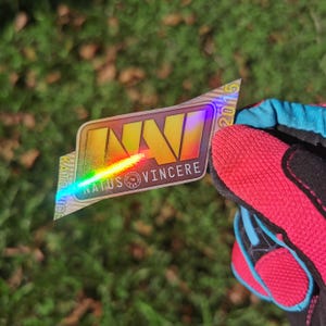 Könnte beinhalten: Ein holografischer Aufkleber mit dem Text "NAVI NATUS VINCERE" und dem Jahr "2015" in der oberen rechten Ecke. Der Aufkleber ist irisierend und hat einen Regenbogeneffekt.