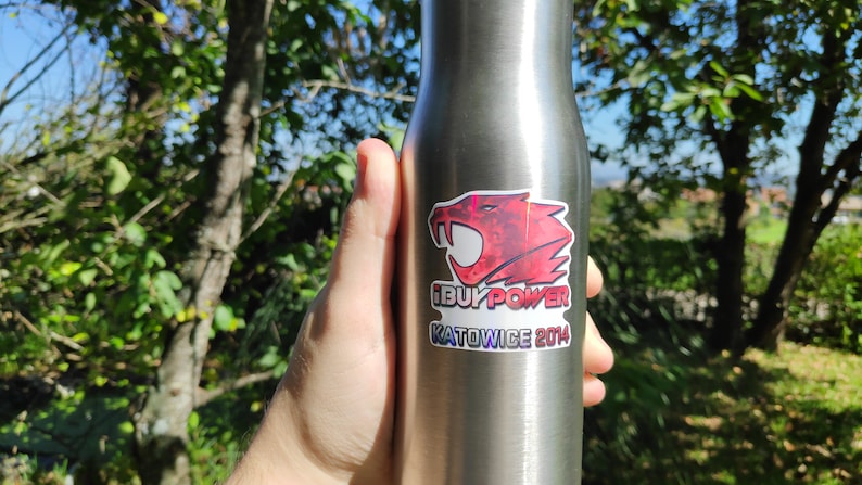 May include: A silver water bottle with a red, white, and blue sticker featuring a red wolf head and the text "iBUYPOWER KATOWICE 2014".