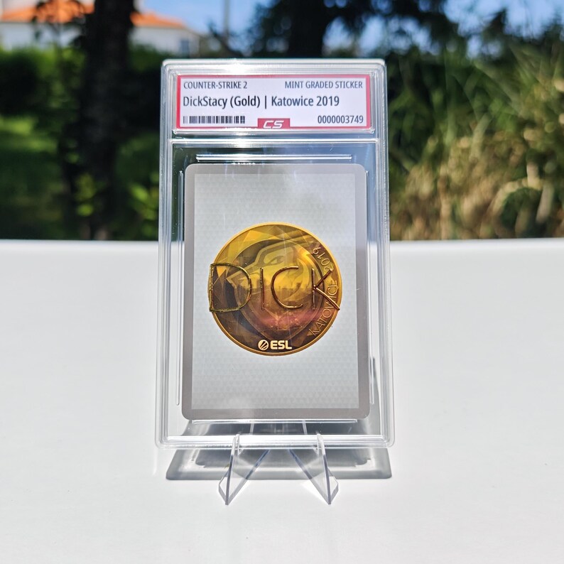 Puede incluir: Una pegatina de Counter-Strike 2, calificada como nueva, con un dise&ntilde;o dorado y el texto "DickStacy" y "Katowice 2019". La pegatina est&aacute; dentro de un soporte protector transparente, exhibida en un soporte.