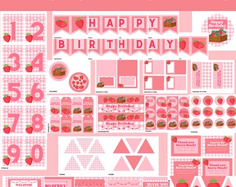 Strawberry Berry Sweet PDF Printable Party Package, Party Decor Print Set, Printable Party Decorations, Strawberry Girls Party Decorations