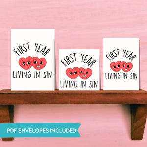 First Year Living in Sin, afdrukbare jubileumkaart, digitale pdf, afdrukbare kaart en envelop, digitale kaart, pdf-werkkaart, samen leven