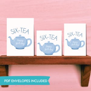 Six-Tea 60e verjaardag afdrukbare kaart, digitale pdf, grappige gelukkige verjaardagskaart, verjaardagskaart thee