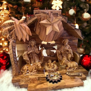 Musical Olive Wood Nativity Set: Bethlehem Holy Land Christmas Decor