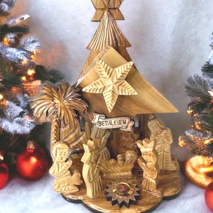 Musical Olive Wood Nativity Set: Hand Carved Bethlehem Holy Family