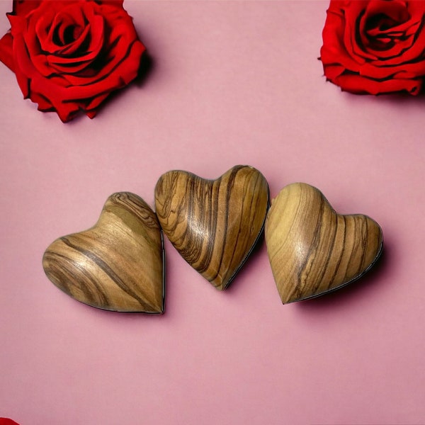 Olive Wood Hearts , Wooden Hearts , 3D Heart Shape Hand Carved in the Holy Land , Valentine’s day gift for him her Husband Wife