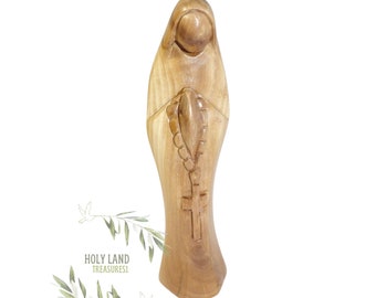 Olive Wood Mother Mary statue- virgin Mary holding rosary statue- catholic rosary statue- Holy land Christmas and all occasions gift