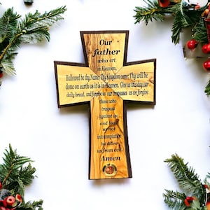 Handmade Olive Wood Cross: The Lord&#39;s Prayer, Bethlehem Wall Decor