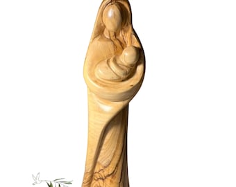 Hand Carved Olive Wood Mother Mary and Baby Jesus Statue - Holy Land Gift