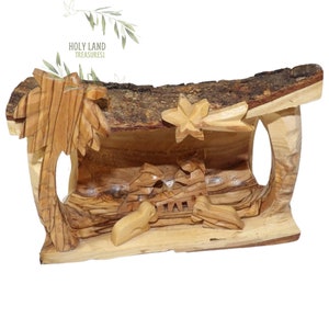 Nativity Scene in Manger carved inside of a Solid Piece of Olive wood Branch - Christmas Tree Nativity Set Décor Made in the Holy Land