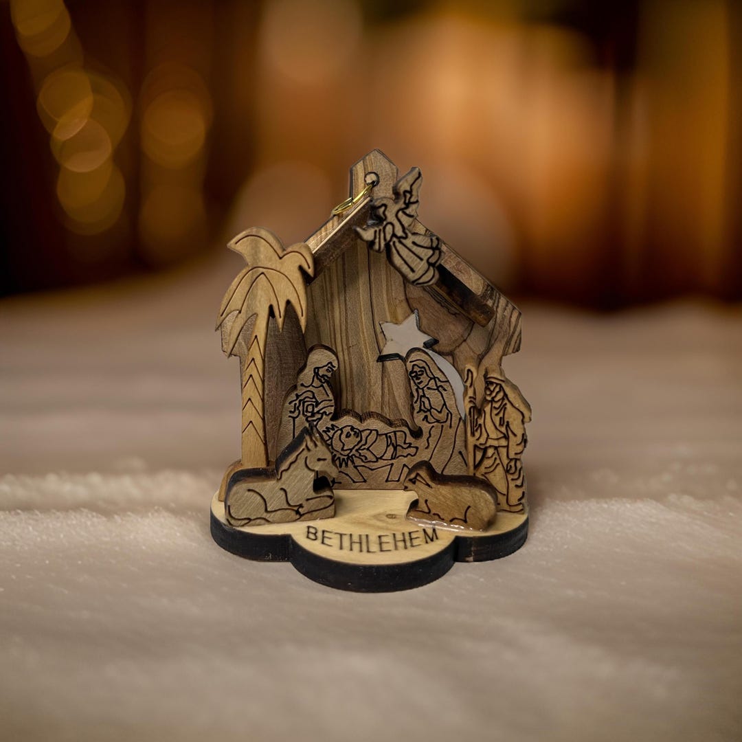 thumbnail image 2 of Shop Olive Wood Nativity Stable Scene Ornament From The Holy Land L 2 of 14