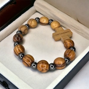 Olive Wood Bracelet , Cross Bracelet with hematite stone, handmade in the Holy Land , Unique Gift for Any age , Bracelet for men and women