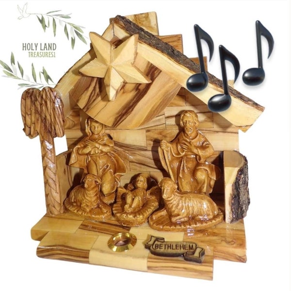 Musical Olive Wood Nativity Set from The Holy Land, Christmas nativity made in Bethlehem, Holy Land-Holy Family Nativity set Christmas Gift