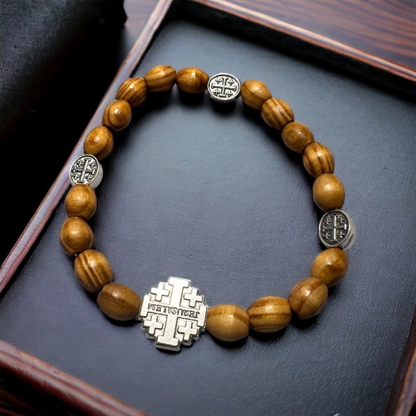 Handmade Olive Wood Bracelet, Jerusalem Cross Bracelet Made in the Holy Land , Unique Gift for Any age , Bracelet for men and women