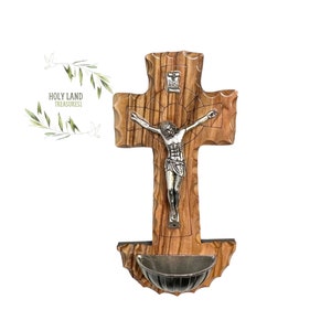 Handmade Olive Wood Cross Water Font, Holy Land Decor