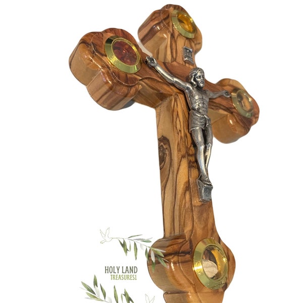 5 Inch Holy Cross for Wall , Wooden Wall Crucifix , Olive Wood Cross with 4 Glasses filled with Holy Relics , Religious Home Décor