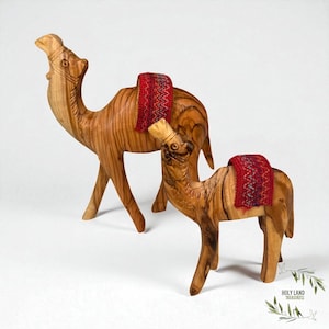 Hand-Carved Olive Wood Camels with Traditional Red Saddle | Holy Land Carvings