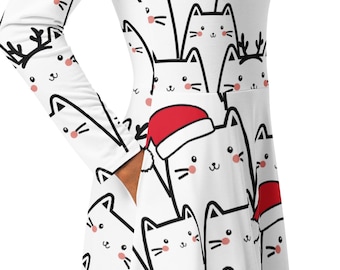 white christmas dresses Gothic Plus Size Christmas Hat Cat Branch Leaf Print Split Pocket A Line Midi Dress White / 2X
