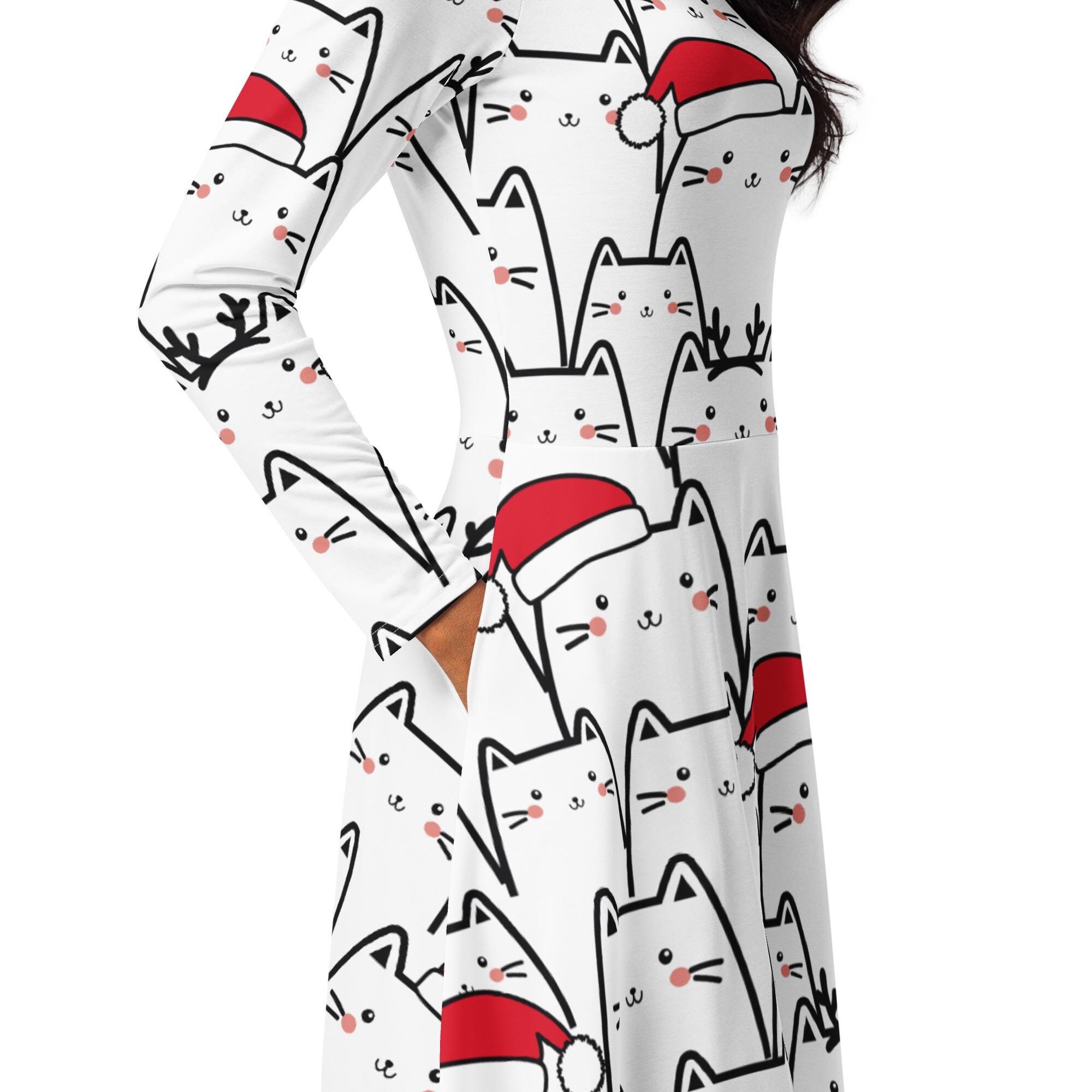 white christmas dresses Gothic Plus Size Christmas Hat Cat Branch Leaf Print Split Pocket A Line Midi Dress White / 2X