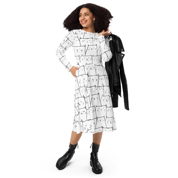 Cat Print Midi Dress: Long Sleeve Feline Fashion With Pockets - Etsy Israel