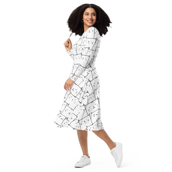 Cat Print Midi Dress: Long Sleeve Feline Fashion With Pockets - Etsy Israel