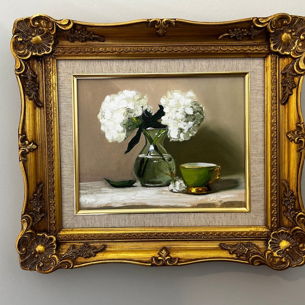 Ornate Vintage Gold Framed Fine Art Oil Painting Floral White Hydrangeas Flowers Vase Teacup Artwork Colonial Chic Cottage Art