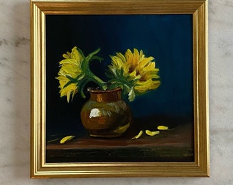Square Framed Original Fine Art Oil Painting Sunflowers Copper Pot Canvas Collector Vibrant Golden Artwork Mother’s Day Grandmillennial