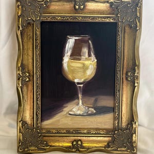 5x7” Oryginalny obraz olejny Sztuka martwa natura Biały kieliszek do wina Bar Cart Modne płótno Sztuka Mroczny nastrojowy obraz ścienny na półce