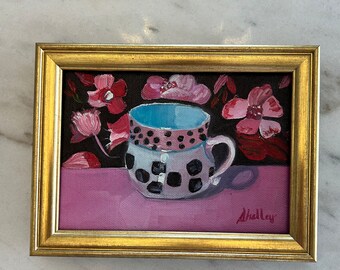 Polka Dot Coffee Lover Mug 5x7” Oil Painting Cup Artwork Original Canvas Floral Still Life Wall Art Shelf Handmade Gift Colorful Cheerful